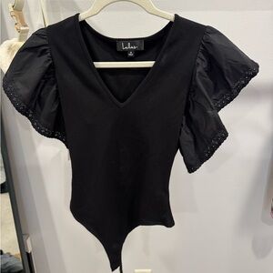 Lulu's Black Asymmetrical Bodysuit with Puff Sleeves